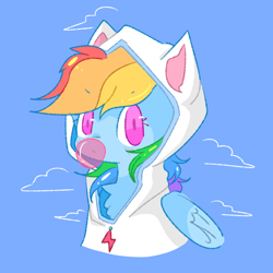 Size: 1080x1080 | Tagged: safe, artist:piaojun55154, rainbow dash, pegasus, pony, g4, blue background, bubblegum, bust, chest fluff, clothes, cloud, cute, dashabetes, female, folded wings, food, gum, hoodie, looking at you, mare, simple background, solo, wings