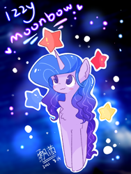 Size: 1080x1440 | Tagged: safe, artist:piaojun55154, izzy moonbow, pony, unicorn, g5, my little pony: a new generation, :3, abstract background, blushing, chest fluff, chibi, chinese, female, gradient mane, horn, mare, solo, stars