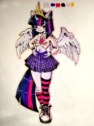 Size: 3472x4640 | Tagged: safe, artist:sheetofplywood8, twilight sparkle, human, g4, alicorn humanization, belly button, big crown thingy, boots, clothes, eared humanization, element of magic, female, horned humanization, humanized, jewelry, midriff, pony coloring, regalia, shoes, skirt, socks, solo, striped socks, sweater, traditional art, winged humanization