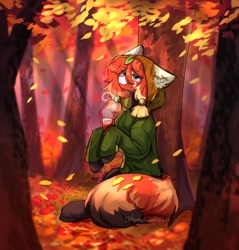 Size: 1954x2048 | Tagged: safe, artist:tyutya, oc, oc only, earth pony, pony, autumn, clothes, drink, ear fluff, female, forest, hoodie, leaves, mare, nature, sitting, solo, steam, tree