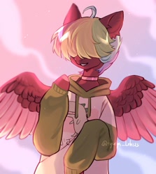 Size: 1830x2048 | Tagged: safe, artist:tyutya, oc, oc only, oc:walter evans, pegasus, pony, choker, clothes, colored wings, commission, hoodie, male, stallion, wings