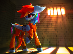 Size: 4050x3000 | Tagged: safe, artist:kainy, rainbow dash, pegasus, pony, g4, big ears, chained, chains, clothes, commissioner:rainbowdash69, concave belly, cuffs, jail, jumpsuit, never doubt rainbowdash69's involvement, prison outfit, prisoner, prisoner rd, solo, thin