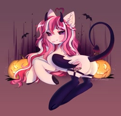 Size: 2103x2000 | Tagged: safe, artist:tyutya, oc, oc only, demon, demon pony, pony, blushing, braid, butt, devil tail, ear fluff, featureless crotch, female, garters, halloween, holiday, jack-o-lantern, looking at you, looking back, looking back at you, mare, plot, pumpkin, solo, sparkly eyes, tail, tongue out, wingding eyes