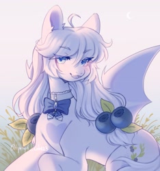 Size: 1915x2048 | Tagged: safe, artist:tyutya, oc, oc only, bat pony, pony, bell, bell collar, blueberry, collar, eye clipping through hair, eyebrows, eyebrows visible through hair, fangs, female, food, mare, solo, sweat
