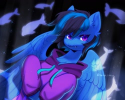 Size: 2048x1638 | Tagged: safe, artist:tyutya, oc, oc only, pegasus, pony, abstract background, chest fluff, clothes, ear fluff, eye clipping through hair, eyebrows, eyebrows visible through hair, fangs, hoodie, solo