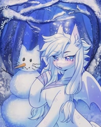 Size: 1618x2048 | Tagged: safe, artist:tyutya, oc, oc only, bat pony, pony, bandage, ear fluff, female, forest, mare, nature, snow, snow on nose, snowman, solo, tree, winter