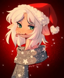 Size: 1653x2024 | Tagged: safe, artist:tyutya, oc, oc only, pony, unicorn, abstract background, broken horn, candy, candy cane, christmas, clothes, female, food, hat, holiday, horn, mare, santa hat, scarf, solo