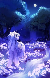 Size: 1325x2048 | Tagged: safe, artist:tyutya, oc, oc only, original species, pony, curved horn, detailed background, ear fluff, female, full moon, horn, horns, mare, moon, night, river, scenery, solo, stream, tree, unshorn fetlocks, water