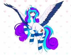 Size: 2048x1580 | Tagged: safe, artist:tyutya, oc, oc only, pegasus, pony, abstract background, clothes, colored wings, commission, ear fluff, female, mare, socks, striped socks, wings