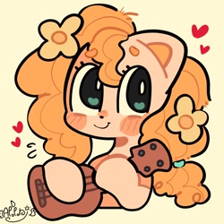 Size: 1280x1280 | Tagged: safe, artist:apoponi_happy, pear butter, earth pony, pony, g4, blushing, bust, cute, female, flower, flower in hair, guitar, heart, mare, musical instrument, pearabetes, portrait, simple background, smiling, solo, yellow background