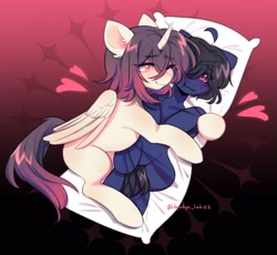 Size: 2048x1886 | Tagged: safe, artist:tyutya, oc, oc only, alicorn, pony, abstract background, blushing, body pillow, commission, ear fluff, female, gradient background, heart, heart eyes, hug, mare, one eye closed, wingding eyes, wink