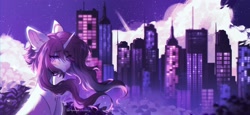 Size: 2048x941 | Tagged: safe, artist:tyutya, oc, oc only, pony, unicorn, city, cityscape, detailed background, ear fluff, female, horn, mare, night, solo, stars