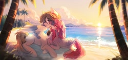 Size: 2048x976 | Tagged: safe, artist:tyutya, oc, oc only, pegasus, pony, beach, chest fluff, colored wings, commission, cuddling, detailed background, duo, female, glasses, headphones, horns, lying down, male, mare, oc x oc, ocean, palm tree, prone, shipping, stallion, straight, tree, water, wings