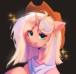 Size: 2048x1986 | Tagged: safe, artist:tyutya, oc, oc only, pony, unicorn, cowboy hat, ear piercing, earring, eyebrows, eyebrows visible through hair, gray background, hat, horn, jewelry, neckerchief, piercing, simple background