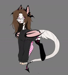 Size: 1686x1852 | Tagged: safe, artist:tyutya, oc, oc only, oc:tyutya, demon, demon pony, pony, clothes, devil horns, eye clipping through hair, fangs, fishnet clothing, fishnet stockings, garters, glasses, gray background, head wings, horns, simple background, solo, stockings, thigh highs, tongue out, wings