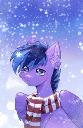 Size: 2649x4096 | Tagged: safe, artist:tyutya, oc, oc only, pegasus, pony, abstract background, cheek fluff, clothes, ear fluff, male, scarf, snow, snowfall, solo, stallion, striped scarf