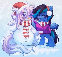 Size: 3810x3503 | Tagged: safe, artist:tyutya, oc, oc only, oc:butterfly effect, oc:felonale, pegasus, pony, bipedal, blushing, christmas, clothes, duo, earmuffs, female, hat, head wings, holiday, hoodie, mare, santa hat, scarf, snow, snowman, striped scarf, wings, winter
