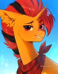 Size: 1692x2160 | Tagged: safe, artist:tyutya, oc, oc only, oc:selest light, pony, unicorn, abstract background, ear fluff, eyebrows, eyebrows visible through hair, gradient background, horn, male, neckerchief, solo, stallion