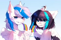 Size: 4096x2742 | Tagged: safe, artist:tyutya, oc, oc only, alicorn, pegasus, pony, alicorn oc, bandaid, bandaid on nose, chest fluff, ear fluff, eye clipping through hair, eyebrows, eyebrows visible through hair, female, flag, gradient background, horn, mare, mouth hold, pride, pride flag, white-blue-white flag, wings