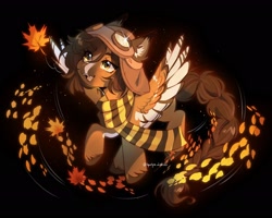 Size: 2048x1638 | Tagged: safe, artist:tyutya, oc, oc only, pegasus, pony, abstract background, autumn leaves, aviator goggles, aviator hat, braid, braided tail, clothes, colored wings, ear fluff, fangs, goggles, hat, leaves, scarf, striped scarf, tail, unshorn fetlocks, wings