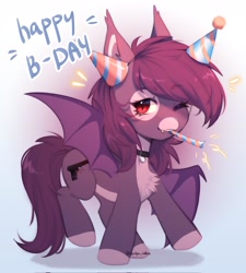 Size: 1846x2048 | Tagged: safe, artist:tyutya, oc, oc only, oc:pestyskillengton, bat pony, pony, abstract background, chest fluff, choker, ear fluff, eyebrows, eyebrows visible through hair, female, gradient background, hat, mare, one eye closed, party hat, party horn, solo, wink