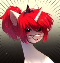 Size: 2974x3095 | Tagged: safe, artist:tyutya, oc, oc only, pony, unicorn, abstract background, ear fluff, eye clipping through hair, eyebrows, eyebrows visible through hair, female, glasses, gradient background, horn, jewelry, mare, regalia, solo
