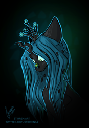 Size: 1640x2360 | Tagged: safe, artist:stirren, queen chrysalis, beetle, changeling, changeling queen, insect, g4, abstract background, bust, cross-eyed, dark background, ears back, female, insect on nose, insect on someone, looking at something, looking down, mare, portrait, solo