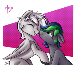 Size: 4000x3387 | Tagged: safe, artist:supermoix, oc, oc:dark tempest, oc:sparky starfall, alicorn, pony, unicorn, cute, duo, duo male, eyes closed, gay, green hair, horn, licking, male, oc x oc, pink background, shipping, simple background, sitting, stallion, tongue out