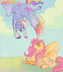Size: 1400x1600 | Tagged: safe, artist:abbytabbys, fluttershy, rainbow dash, pegasus, pony, g4, alternate cutie mark, alternate design, alternate hairstyle, alternate mane color, butterfly wings, coat markings, colored eyebrows, colored hooves, colored underhoof, colored wings, colored wingtips, facial markings, female, flying, hoof heart, lesbian, looking at each other, looking at someone, lying down, mare, multicolored hair, multicolored mane, multicolored tail, multicolored wings, open mouth, open smile, prone, rainbow hair, rainbow tail, scar, ship:flutterdash, shipping, short hair rainbow dash, short mane, short tail, smiling, smiling at each other, socks (coat markings), spread wings, tail, underhoof, unshorn fetlocks, wing fluff, wings