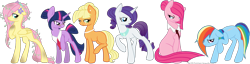Size: 1600x412 | Tagged: safe, artist:lullabyprince, applejack, fluttershy, pinkie pie, rainbow dash, rarity, twilight sparkle, earth pony, pegasus, pony, unicorn, g4, alternate universe, dirty, ear piercing, earring, ears back, female, flower, flower in hair, folded wings, glasses, group, grumpy, hair bun, hoof on chest, horn, jewelry, leaves, leaves in hair, mane six, mare, missing cutie mark, necklace, pearl necklace, physique difference, piercing, pinkamena diane pie, ponytail, raised hoof, scar, sextet, simple background, sitting, slender, standing, tail, tail bun, thin, transparent background, unicorn twilight, updo, vine, wingless, wings