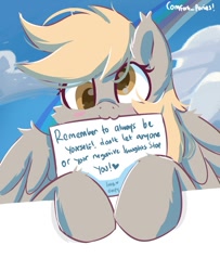 Size: 787x971 | Tagged: safe, artist:comfort_ponies, artist:skylinepony_, derpy hooves, pegasus, pony, g4, :3, blush lines, blushing, cheek fluff, cloud, cute, ear tufts, female, half body, letter, looking at you, mare, mouth hold, positive ponies, rainbow, simple background, sky, solo, spread wings, text, wing fluff, wings