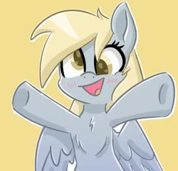 Size: 568x547 | Tagged: safe, artist:comfort_ponies, derpy hooves, pegasus, pony, g4, blushing, comfort ponies is trying to murder us, cute, daaaaaaaaaaaw, female, looking at you, mare, positive ponies, simple background, smiling, solo, spread hooves, spread wings, stubby legs, weapons-grade cute, wings, yellow background