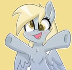 Size: 568x547 | Tagged: safe, artist:comfort_ponies, derpy hooves, pegasus, pony, g4, comfort ponies is trying to murder us, cute, daaaaaaaaaaaw, female, looking at you, mare, positive ponies, simple background, smiling, solo, spread hooves, spread wings, weapons-grade cute, wings, yellow background