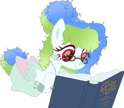 Size: 1455x1271 | Tagged: safe, artist:pure-blue-heart, oc, oc:momma blue, pegasus, book, colored wings, female, freckles, glasses, jewelry, mare, messy mane, necklace, pegasus oc, pentagram, reading, simple background, transparent background, wings