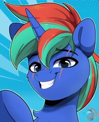 Size: 1964x2419 | Tagged: safe, artist:joaothejohn, oc, oc only, oc:lapis, pony, unicorn, bust, chest fluff, commission, horn, lidded eyes, looking at you, male, multicolored hair, portrait, scar, simple background, smiling, solo, stallion, unicorn oc