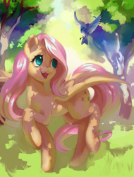 Size: 1785x2345 | Tagged: safe, artist:my-magic-dream, fluttershy, bird, pegasus, pony, g4, cute, dappled sunlight, female, grass, high res, looking at something, looking up, mare, nature, open mouth, open smile, outdoors, raised hoof, raised leg, shyabetes, smiling, solo, spread wings, standing on two hooves, tail, tree, wings