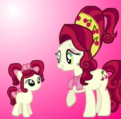 Size: 900x881 | Tagged: safe, artist:katiegirlsforever, cherry jubilee, oc, oc only, oc:chi-chi, earth pony, pony, g4, aunt, aunt and niece, blank flank, bow, cute, duo, eyeshadow, female, filly, foal, gradient background, jubibetes, makeup, mare, niece, pink background, raised hoof, raised leg