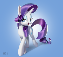 Size: 2048x1824 | Tagged: safe, artist:brdte, rarity, pony, unicorn, g4, commission, eyeshadow, female, gradient background, horn, lidded eyes, looking at you, makeup, mare, open mouth, open smile, signature, smiling, smiling at you, solo, tail, turned head