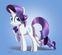 Size: 2048x1824 | Tagged: safe, artist:brdte, rarity, pony, unicorn, g4, butt, commission, female, gradient background, grin, horn, looking at you, looking back, looking back at you, mare, plot, raised hoof, raised leg, rearity, signature, smiling, smiling at you, solo, standing on two hooves, tail