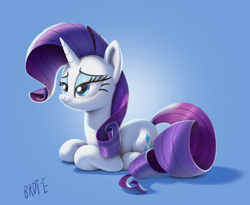 Size: 2048x1682 | Tagged: safe, artist:brdte, rarity, pony, unicorn, g4, commission, eyebrows, eyeshadow, female, frown, furrowed brow, gradient background, horn, lying down, makeup, mare, nose wrinkle, ponyloaf, prone, signature, solo, tail