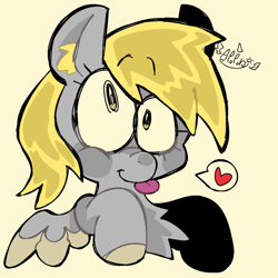 Size: 1280x1280 | Tagged: safe, artist:apoponi_happy, derpy hooves, pegasus, pony, g4, :p, beige background, bust, chest fluff, colored ear fluff, colored wings, ear fluff, eyebrows, eyebrows visible through hair, female, heart, mare, signature, simple background, solo, tongue out, two toned wings, wings