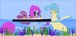 Size: 9663x4611 | Tagged: safe, artist:oceanrailroader, princess skystar, salina blue, merpony, seapony (g4), g4, coral, dorsal fin, female, fin, fin wings, fins, fish tail, flower, flower in hair, flowing mane, flowing tail, looking at each other, looking at someone, macro, ocean, scales, seaweed, ship, swimming, tail, titanic, underwater, water, wings