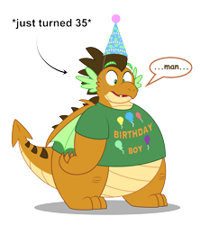 Size: 6017x6783 | Tagged: safe, artist:aleximusprime, oc, oc only, oc:alex the chubby pony, dragon, belly, birthday, chonk, chubby, clothes, dragon oc, dragonsona, fat, hat, non-pony oc, obese, party hat, plump, scaled underbelly, shirt, simple background, solo, t-shirt, thinking, transparent background