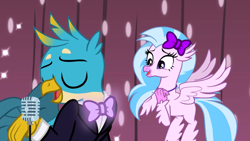 Size: 1191x671 | Tagged: safe, artist:disneymarvel96, gallus, silverstream, griffon, hippogriff, g4, bow, bowtie, clothes, cute, diastreamies, duo, female, gallabetes, glowing, hair bow, light up, male, microphone, ship:gallstream, shipping, singing, straight, suit