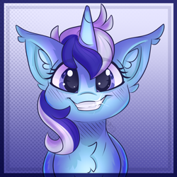 Size: 1500x1500 | Tagged: safe, artist:starcasteclipse, minuette, pony, unicorn, bust, chest fluff, cute, ear fluff, eye clipping through hair, female, gradient background, grin, happy, horn, looking at you, mare, minubetes, portrait, shiny teeth, smiling, smiling at you, solo