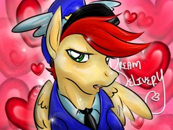 Size: 968x726 | Tagged: dead source, safe, artist:cnat, artist:step-and-fetch-it, care package, special delivery, pegasus, pony, g4, bedroom eyes, close-up, clothes, floating heart, hat, heart, looking at you, mailpony, male, seductive, sexy, solo, stallion, stupid sexy care package, uniform