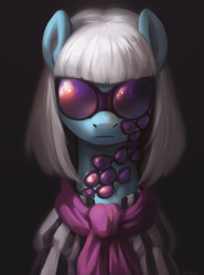 Size: 2196x2970 | Tagged: safe, alternate version, artist:jewellier, photo finish, earth pony, pony, g4, bust, clothes, female, glasses do not belong there, joke, mare, portrait, simple background, solo, sunglasses