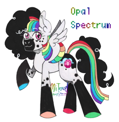 Size: 1410x1447 | Tagged: safe, artist:mitexcel, oc, oc only, oc:opal spectrum, pegasus, pony, :3, coat markings, colored hooves, colored muzzle, colored wings, curly mane, dappled, digital art, mismatched hooves, mixed media, multicolored hair, multicolored wings, outline, pink eyes, rainbow hair, rainbow tail, rainbow wings, raised hoof, simple background, smiling, solo, spread wings, straight mane, tail, traditional art, transparent background, wings