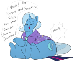Size: 913x769 | Tagged: safe, artist:polofastter, artist:secretgoombaman12345, trixie, twilight sparkle, pony, unicorn, ask chubby diamond, g4, butt, chubby cheeks, clothes, dialogue, eyes closed, faceful of ass, facesitting, fat, female, flank, flattened, hat, horn, huge butt, impossibly large butt, large butt, mare, obese, plot, simple background, the great and bountiful trixie, transparent background, trixdom