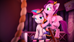 Size: 3840x2160 | Tagged: safe, artist:psfmer, pipp petals, zipp storm, pegasus, pony, g5, 3d, bored, bracelet, brush, brushie, butt, dock, ear piercing, earring, eyeshadow, female, jewelry, ladder, makeover, makeup, mare, mirror, piercing, plot, royal sisters (g5), siblings, sisters, smiling, source filmmaker, tail, tomboy taming, unshorn fetlocks